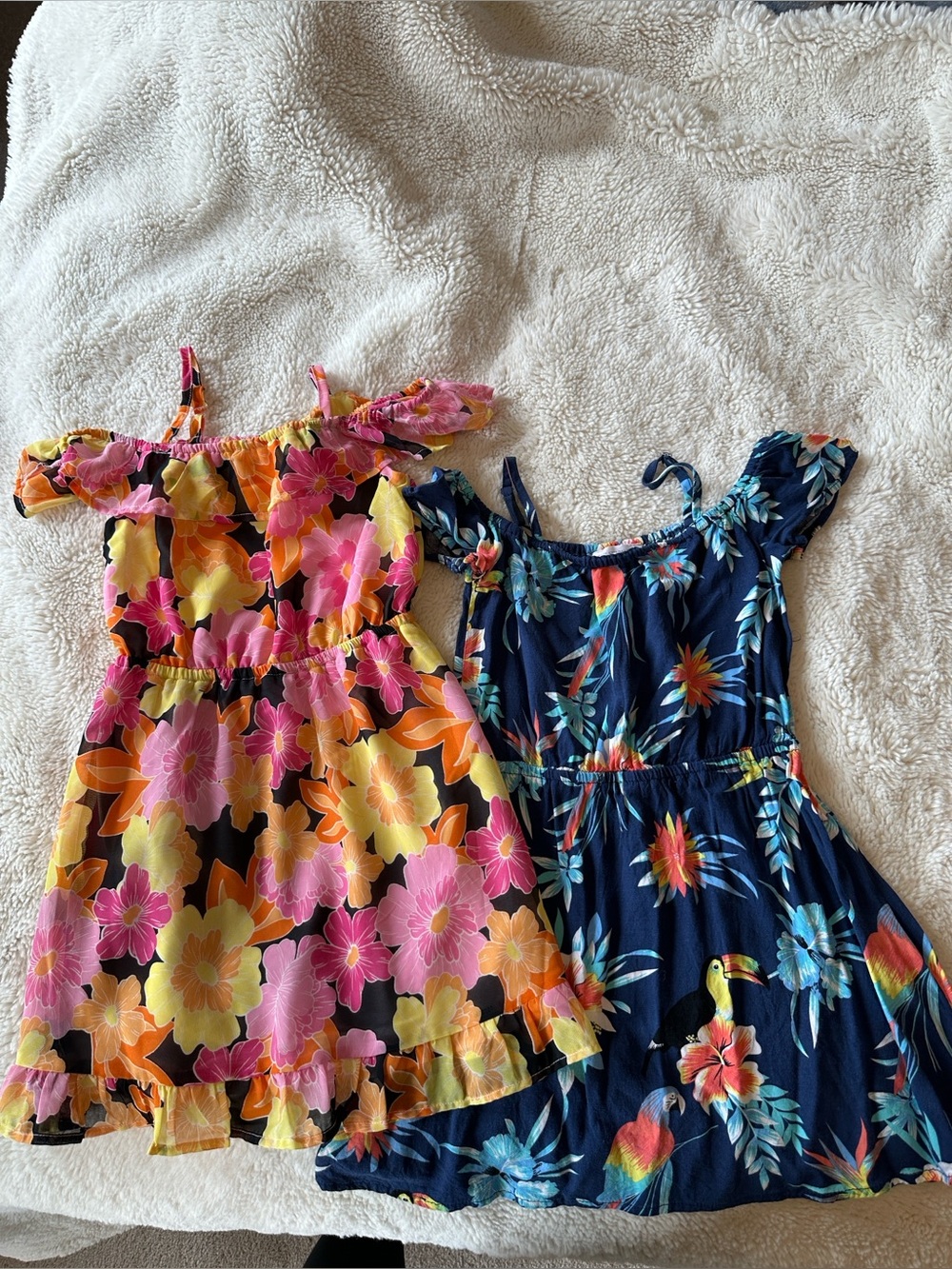 Pair of 5T Girls Floral Sundresses - Pink & Navy Tropical Print
